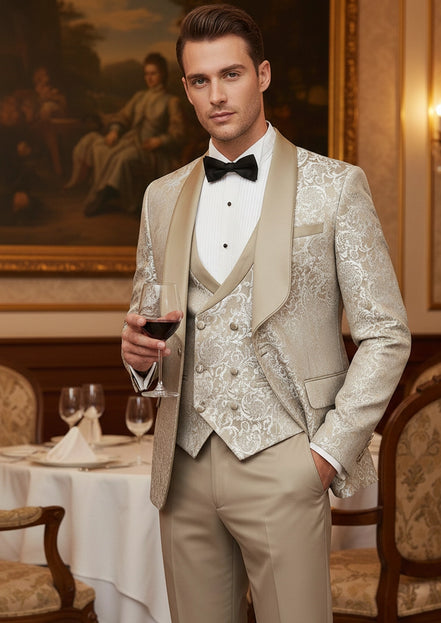 Men’s Tan Jacquard 3-Piece Wedding Groom Tuxedo