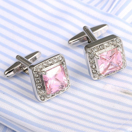 Men's High-Quality Geometric Pink Crystal Cufflinks