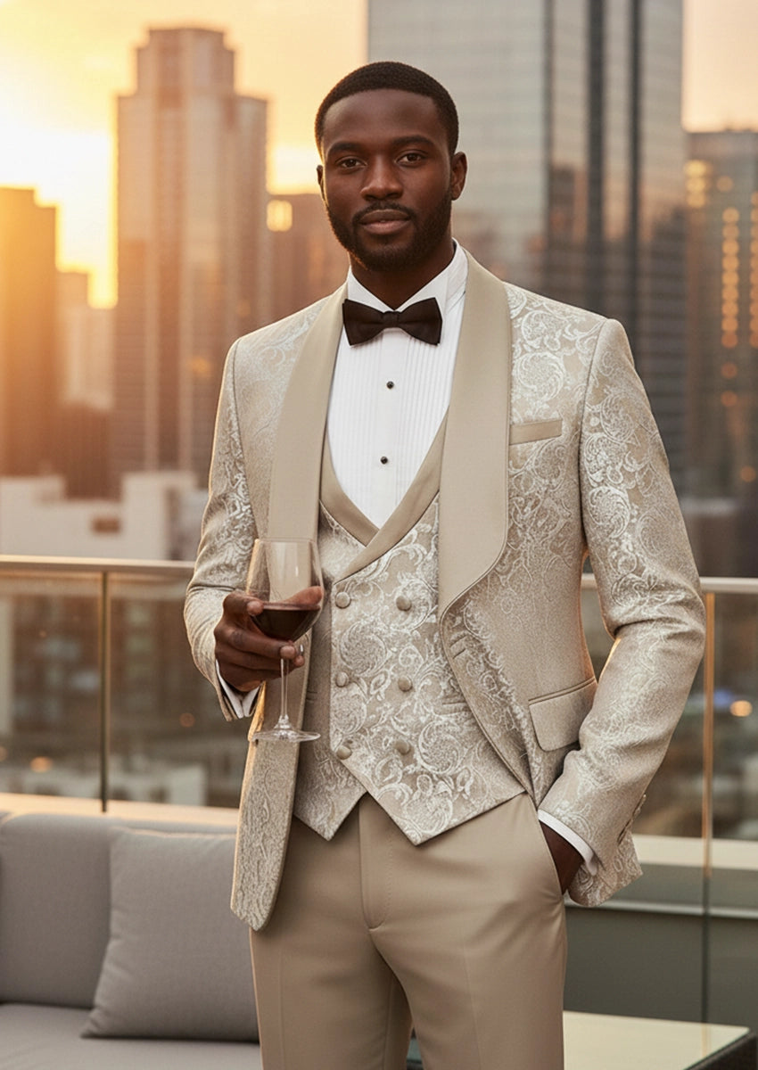 Men’s Tan Jacquard 3-Piece Wedding Groom Tuxedo
