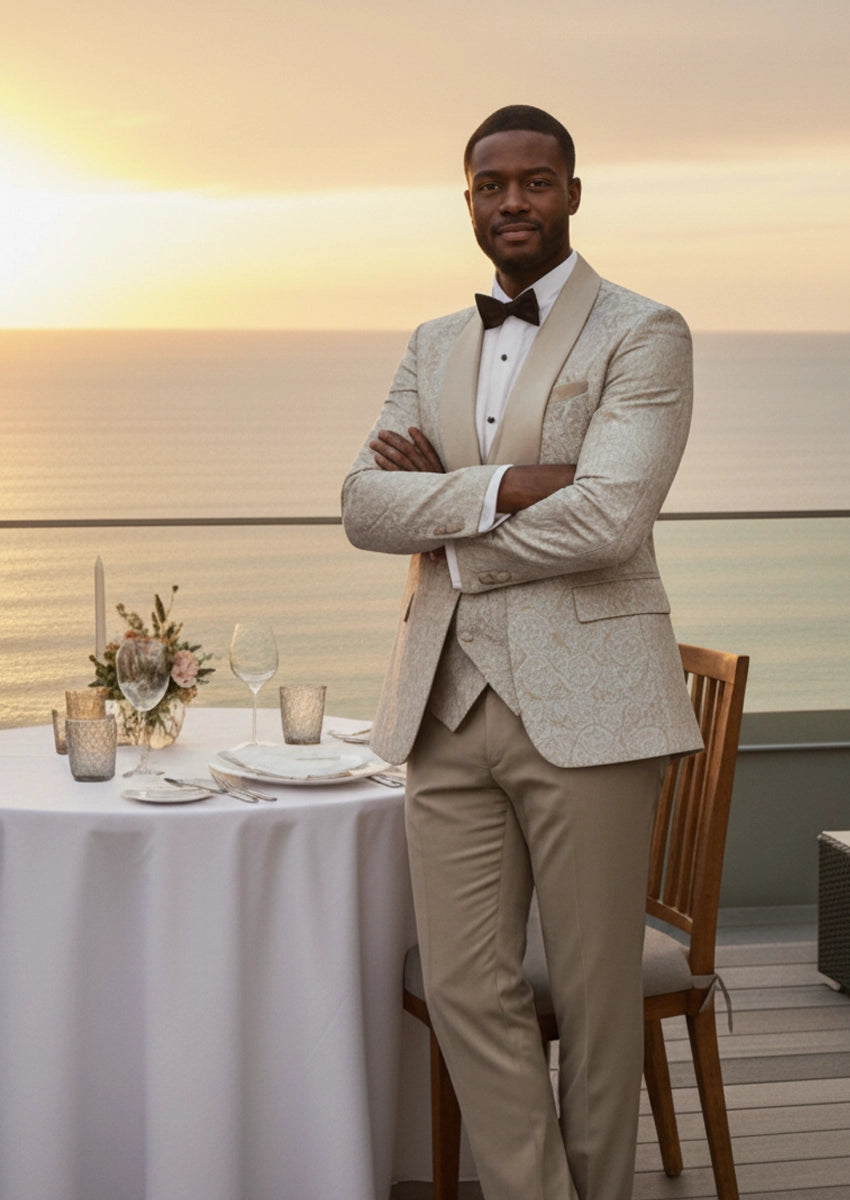 Men’s Tan Jacquard 3-Piece Wedding Groom Tuxedo