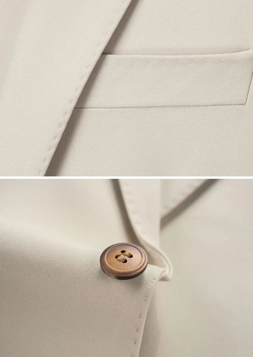 Men’s Beige Suit 3-Piece Set with Barge Collar