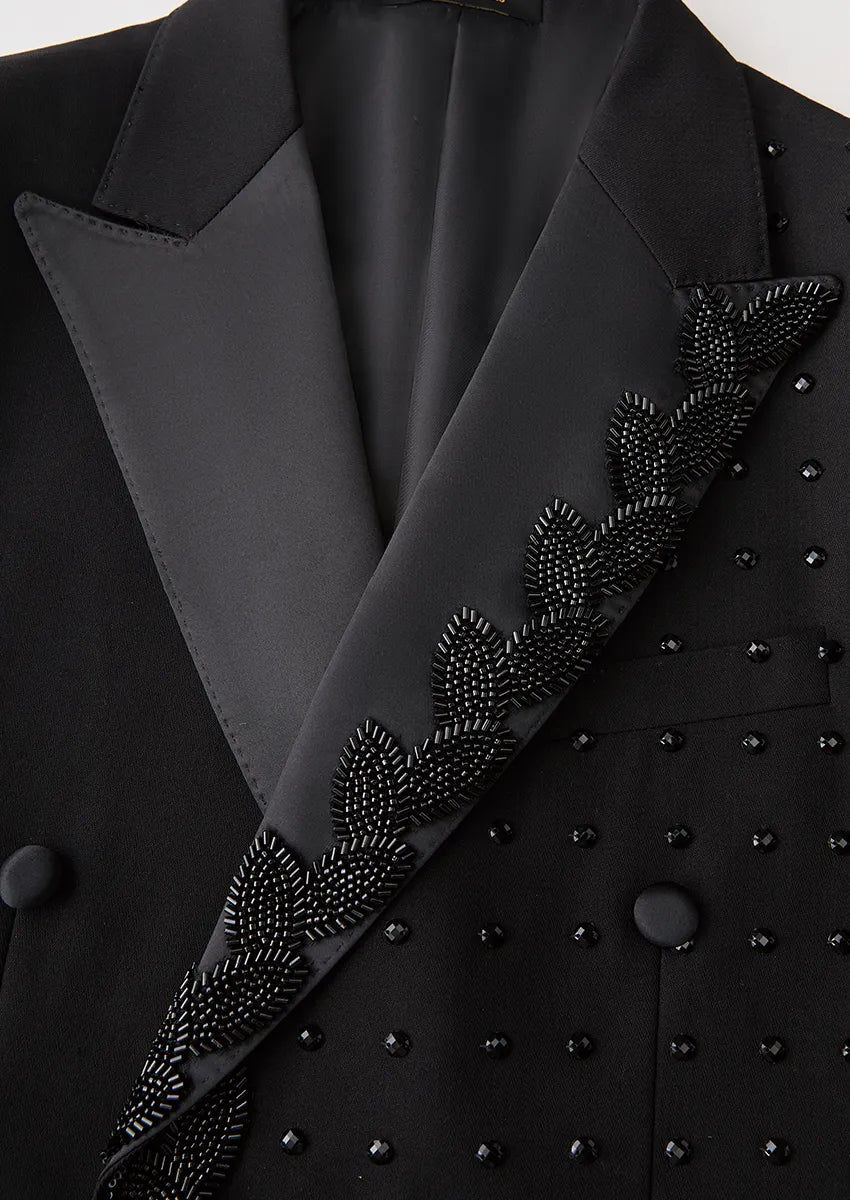 Men’s Black Legend Peak Lapel Double-Breasted Rhinestone Tuxedo 3-Piece Suit