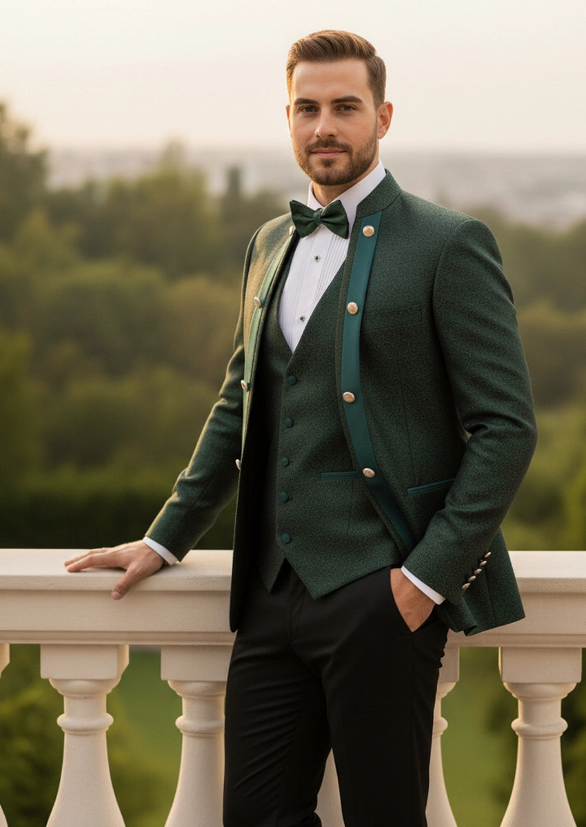 Men's 3-Piece Traditional Collar Green Paisley Fitted Party Suit