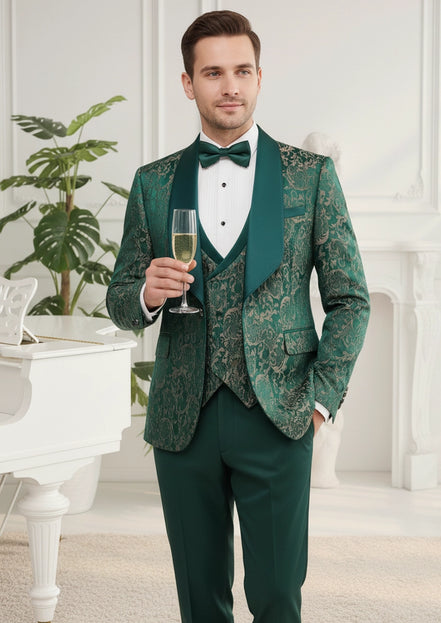 Men’s Green Jacquard 3-Piece Wedding Groom Tuxedo
