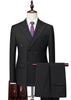 Black suit with a purple tie on a mannequin against a white background
