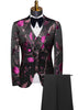 Floral-patterned suit jacket with matching vest and pants on a mannequin against a white background.