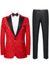 Red patterned suit jacket with black lapels and pants on a white background