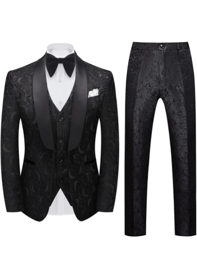 Men's 3-Piece Black Rose Embroidery Shawl Lapel Wedding Tuxedo