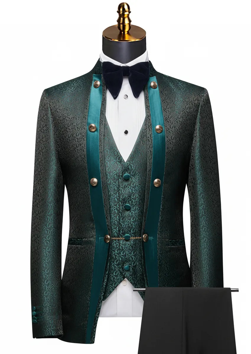 Men's 3-Piece Traditional Collar Green Paisley Fitted Party Suit