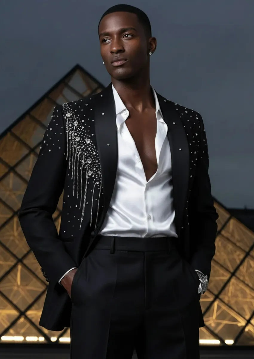 Men’s Rystal Tassel Black Luxury Notched Lapel 2-Piece Set