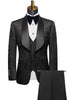 Black tuxedo with bow tie on a mannequin against a white background