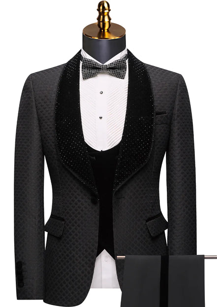 Black tuxedo with a bow tie on a mannequin against a white background