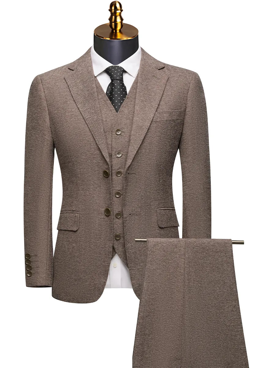 Brown suit with vest and pants on a mannequin against a white background