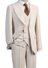 Beige suit with a white shirt and brown tie on a mannequin against a white background