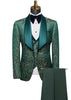 Green patterned tuxedo with matching vest and pants on a mannequin against a white background.