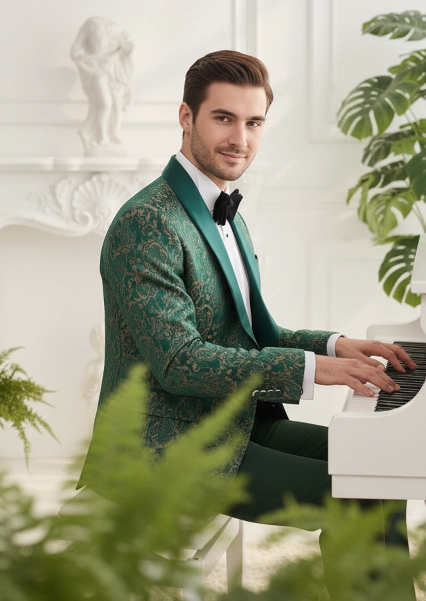 Men’s Green Jacquard 3-Piece Wedding Groom Tuxedo