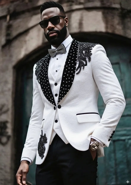 Men’s Black Diamond Luxury Green Fruit Collar Embroidery  3-Piece Suit