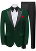 Green tuxedo jacket with gray lapels, black bow tie, white shirt, and black pants on a white background.
