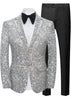 Silver sequin blazer, black bow tie, and black pants on a white background
