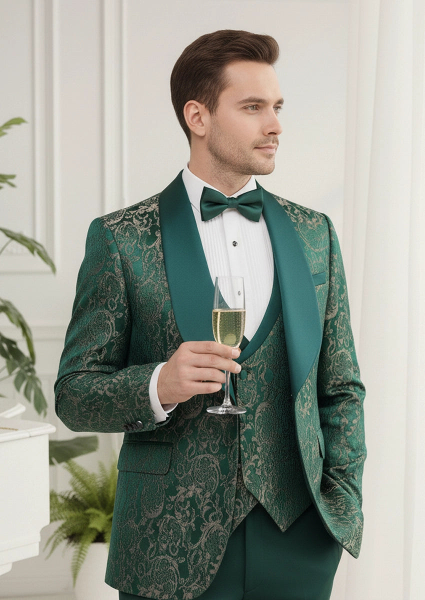 Men’s Green Jacquard 3-Piece Wedding Groom Tuxedo
