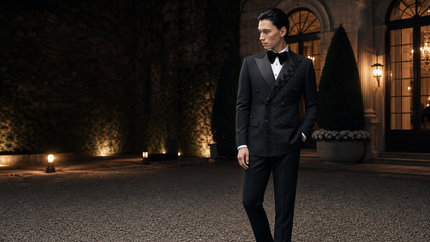 Phantom Cipher black asymmetric vine beaded 2-piece tuxedo at a modern evening wedding reception