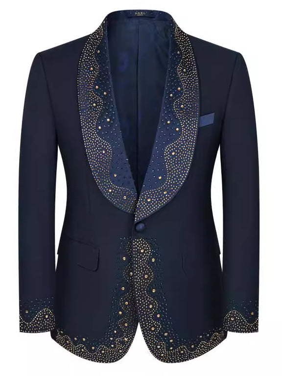 Model Back - Dark Blue Rhinestone Tuxedo Slim Fit - Nevo Suit