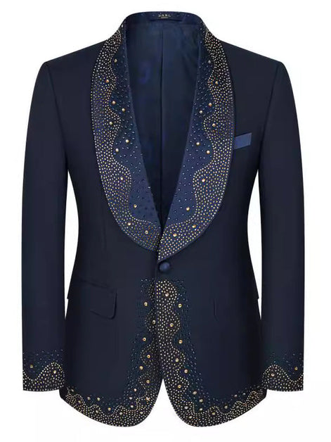 Model Back - Dark Blue Rhinestone Tuxedo Slim Fit - Nevo Suit