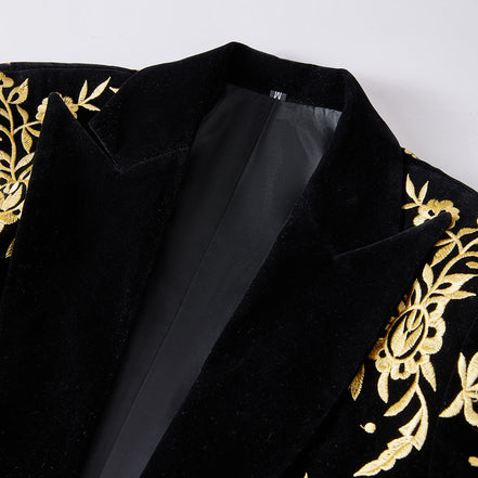Men's Luxury Gold Floral Embroidered Black Velvet Tuxedo