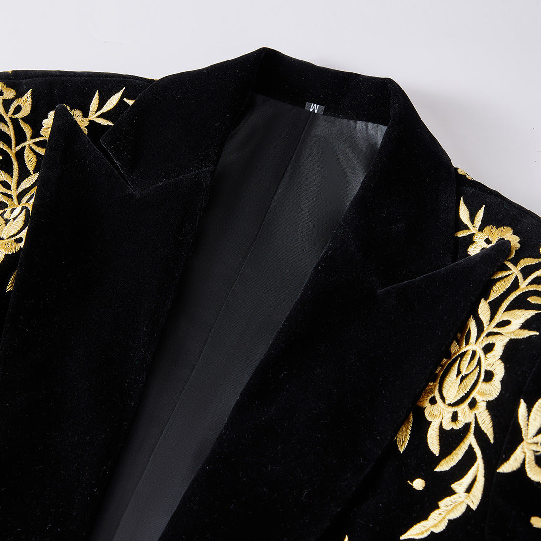 Men's Luxury Gold Floral Embroidered Black Velvet Tuxedo
