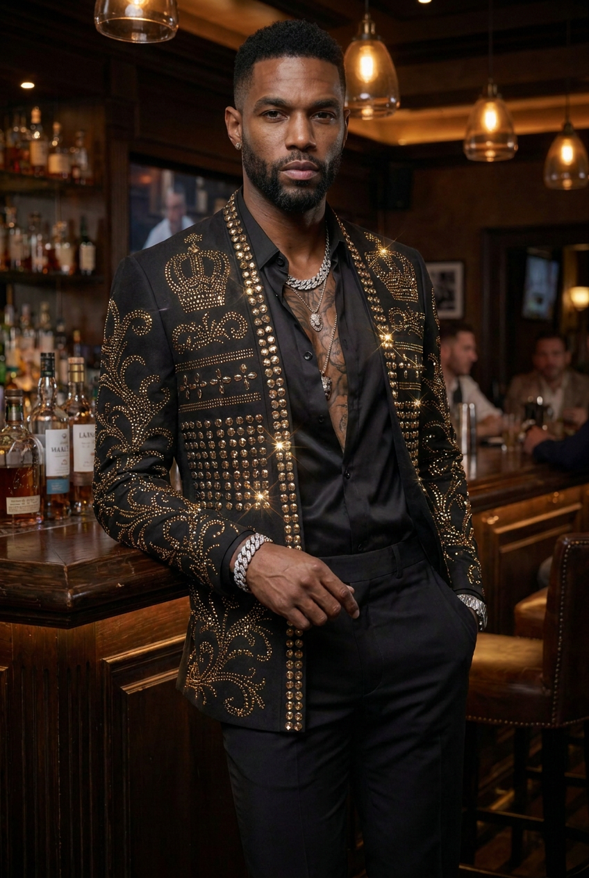 Diadem Pharaoh black dinner jacket with gold crown and scrolling crystal detailing - product view 11