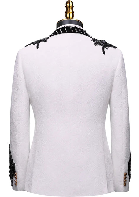 White tuxedo jacket back view with black beaded shoulder accents