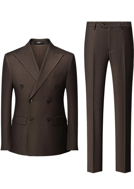 Brown Double-Breasted Striped Suit - Nevo Suits