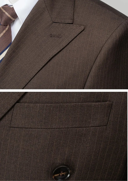 Men’s Brown Double-Breasted Striped Suit 2-Piece Set