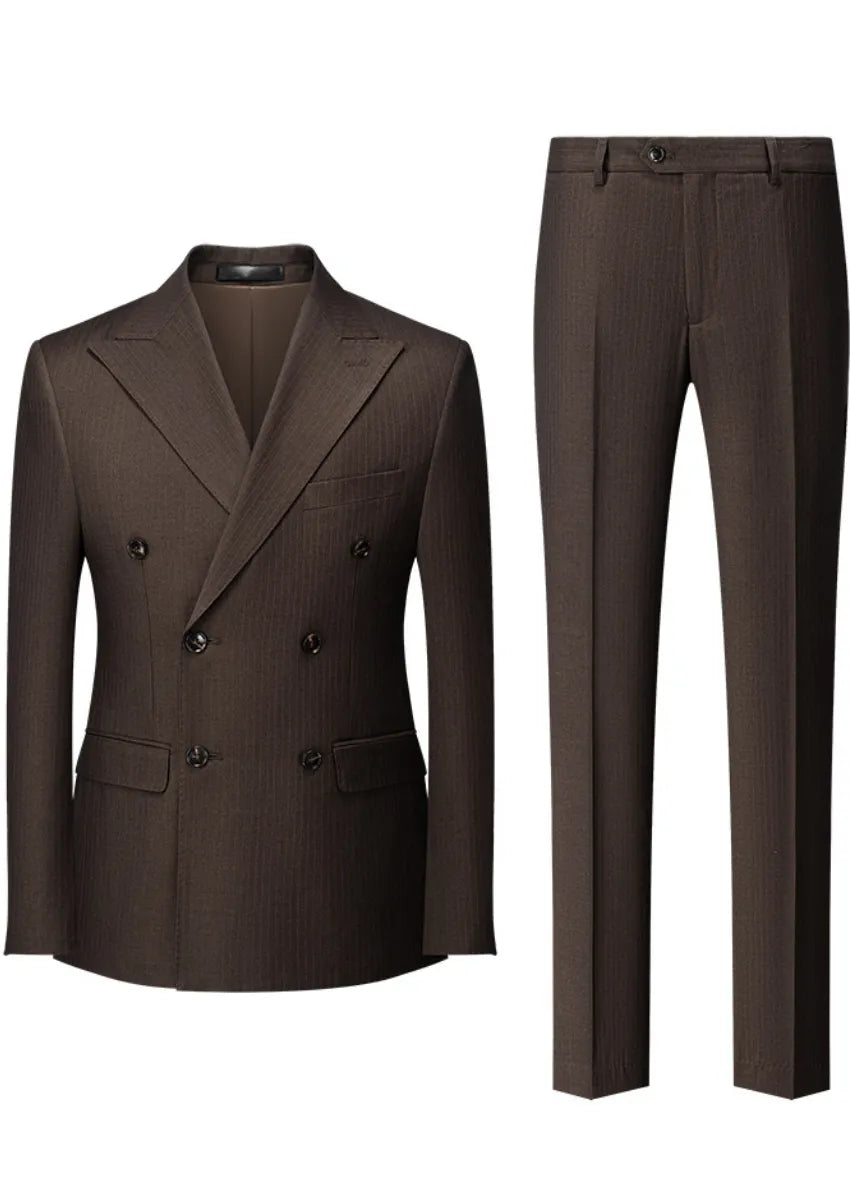 Men’s Brown Double-Breasted Striped Suit 2-Piece Set