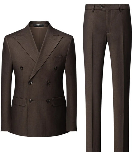 Men’s Brown Double-Breasted Striped Suit 2-Piece Set