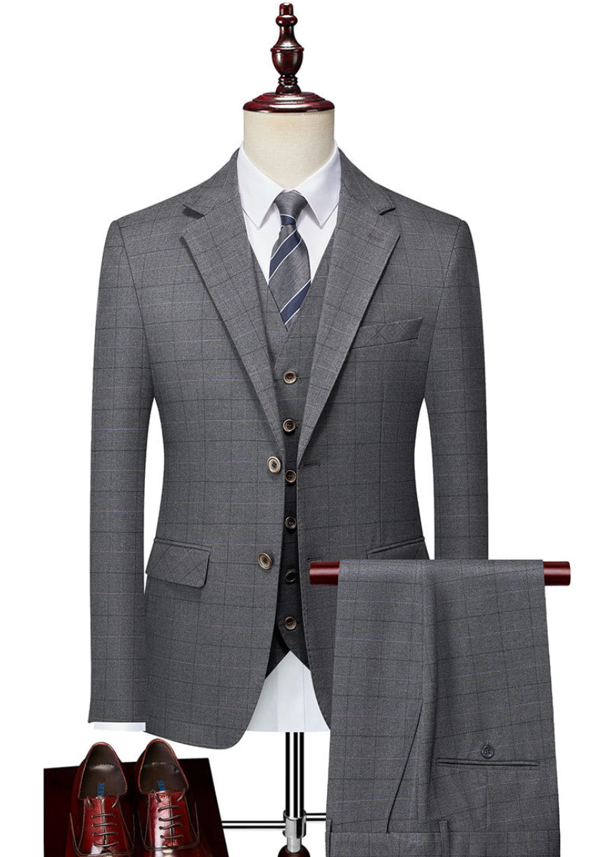Men’s Gray Windowpane Plaid Slim Fit 3-Piece Suit