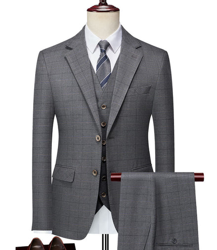 Men’s Gray Windowpane Plaid Slim Fit 3-Piece Suit