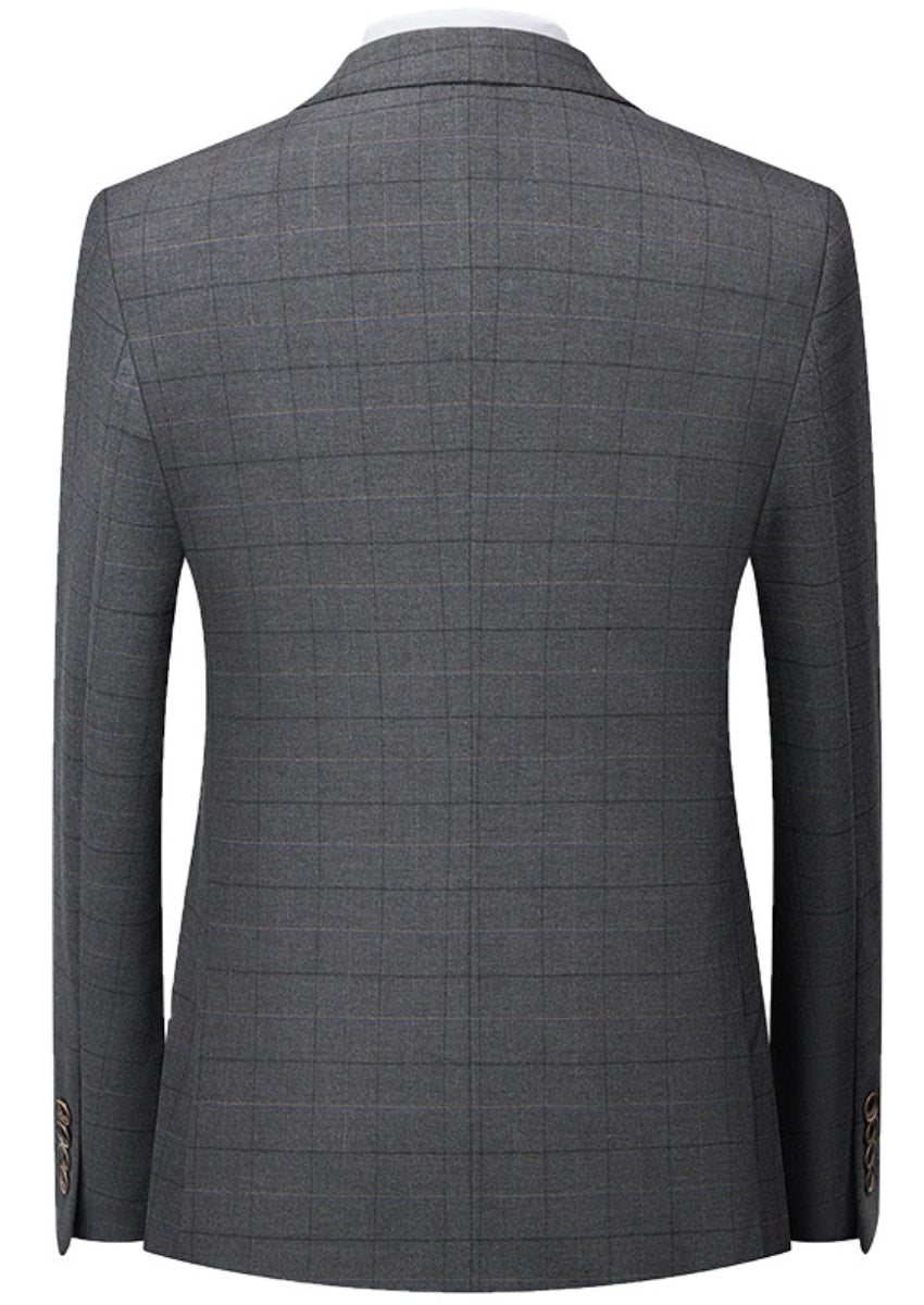 Men’s Gray Windowpane Plaid Slim Fit 3-Piece Suit