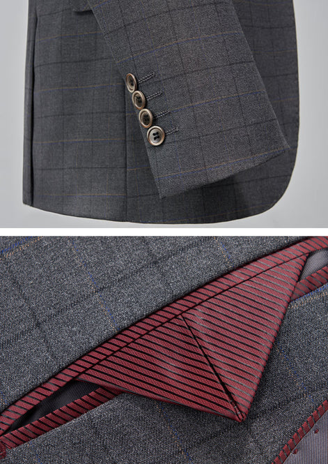 Men’s Gray Windowpane Plaid Slim Fit 3-Piece Suit
