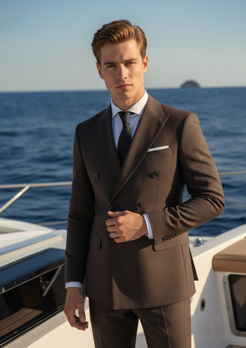 Brown Double-Breasted Striped Suit - Nevo Suits