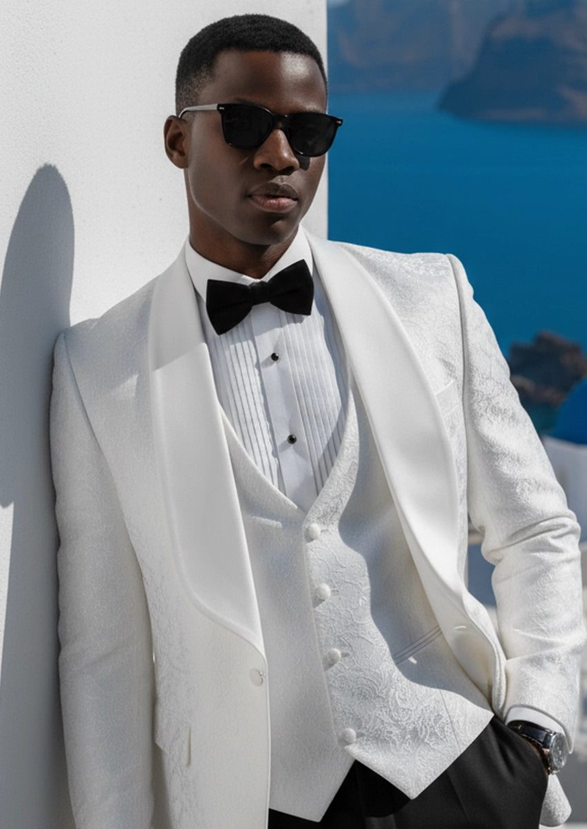 Men’s White Jacquard 3-Piece Wedding Groom Tuxedo