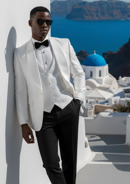 Men’s White Jacquard 3-Piece Wedding Groom Tuxedo