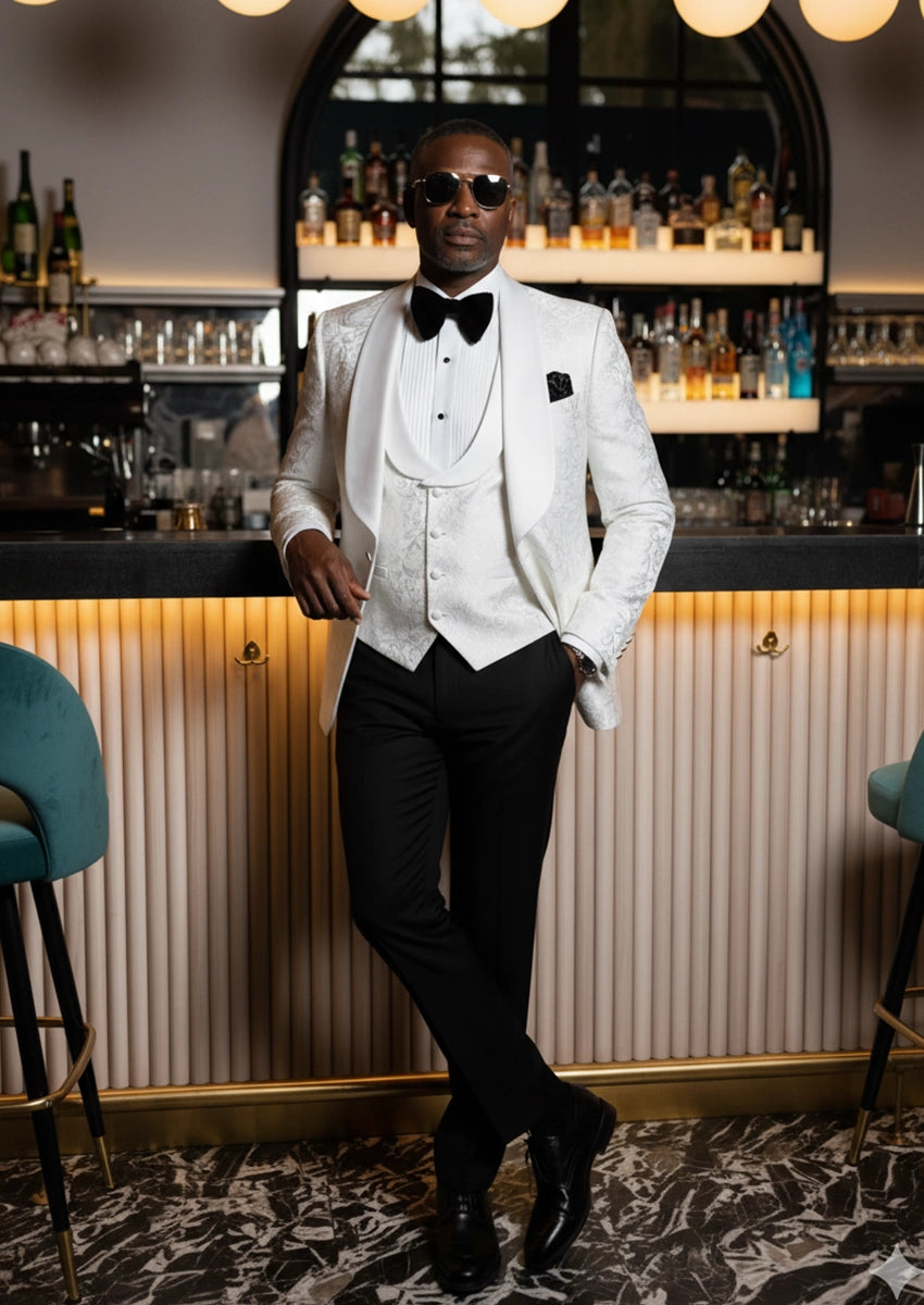 Men’s White Jacquard 3-Piece Wedding Groom Tuxedo