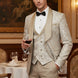 Front view of champagne gold shimmering jacquard 3-piece tuxedo with satin shawl collar - Nevo Suits