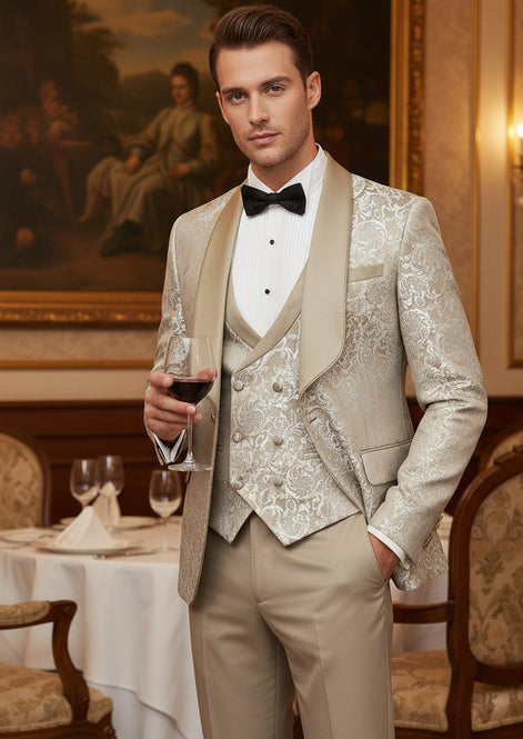 Front view of champagne gold shimmering jacquard 3-piece tuxedo with satin shawl collar - Nevo Suits