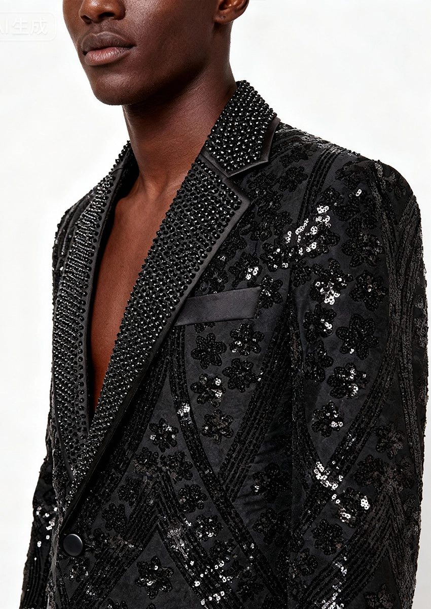 Men's Sequin Six-pointed Star Black Luxury Tuxedo