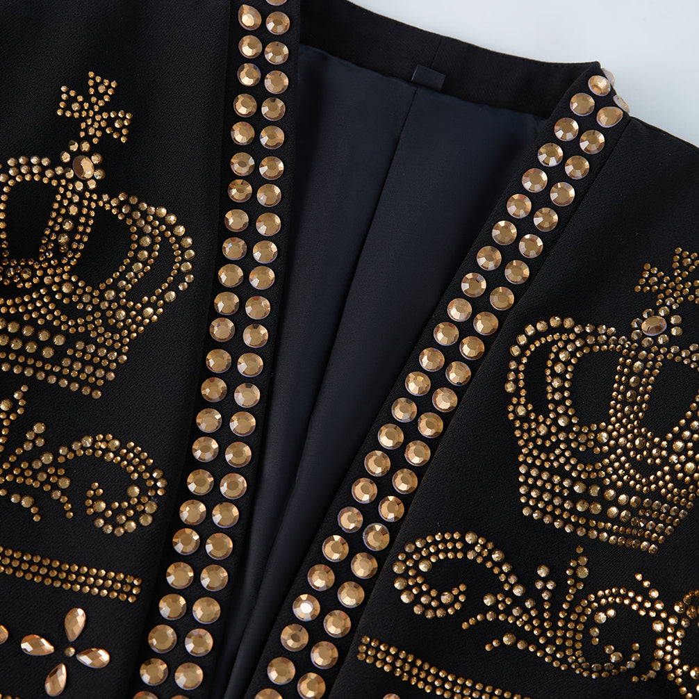 Diadem Pharaoh black dinner jacket with gold crown and scrolling crystal detailing - product view 17