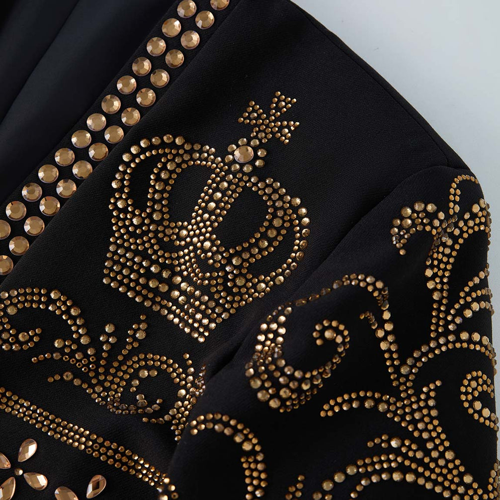 Diadem Pharaoh black dinner jacket with gold crown and scrolling crystal detailing - product view 19