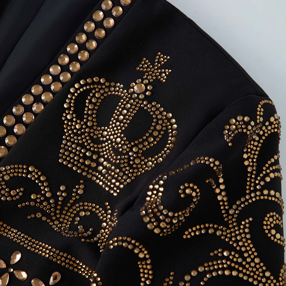 Diadem Pharaoh black dinner jacket with gold crown and scrolling crystal detailing - product view 19
