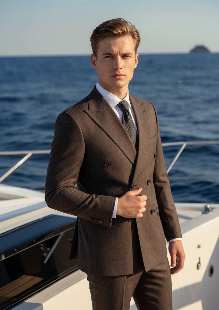 Brown Double-Breasted Striped Suit - Nevo Suits